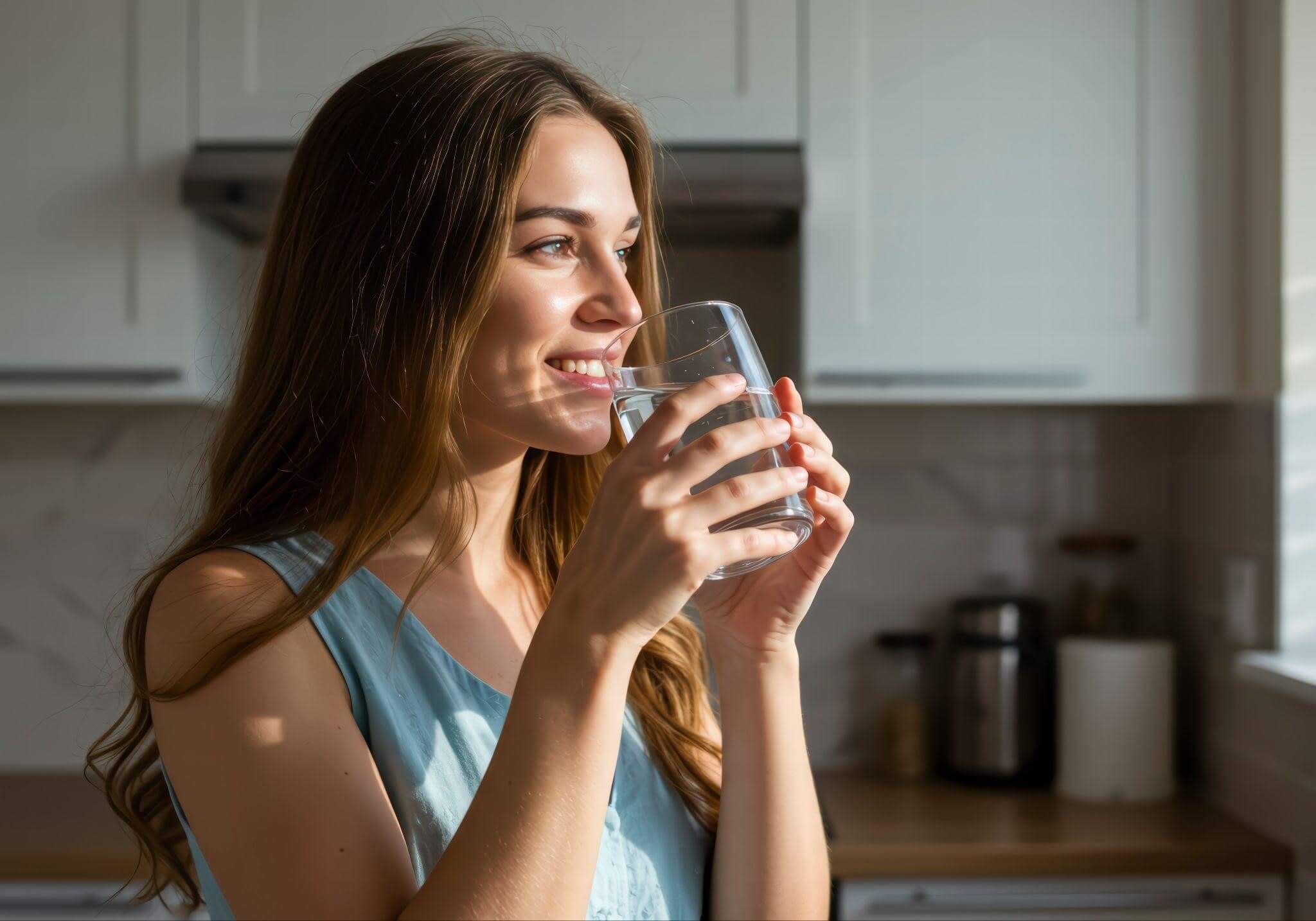 Mulher sorridente em uma cozinha iluminada bebendo um copo de água. O hábito de manter-se hidratado e manter uma dieta equilibrada é essencial para a prevenção de doenças do coração.
