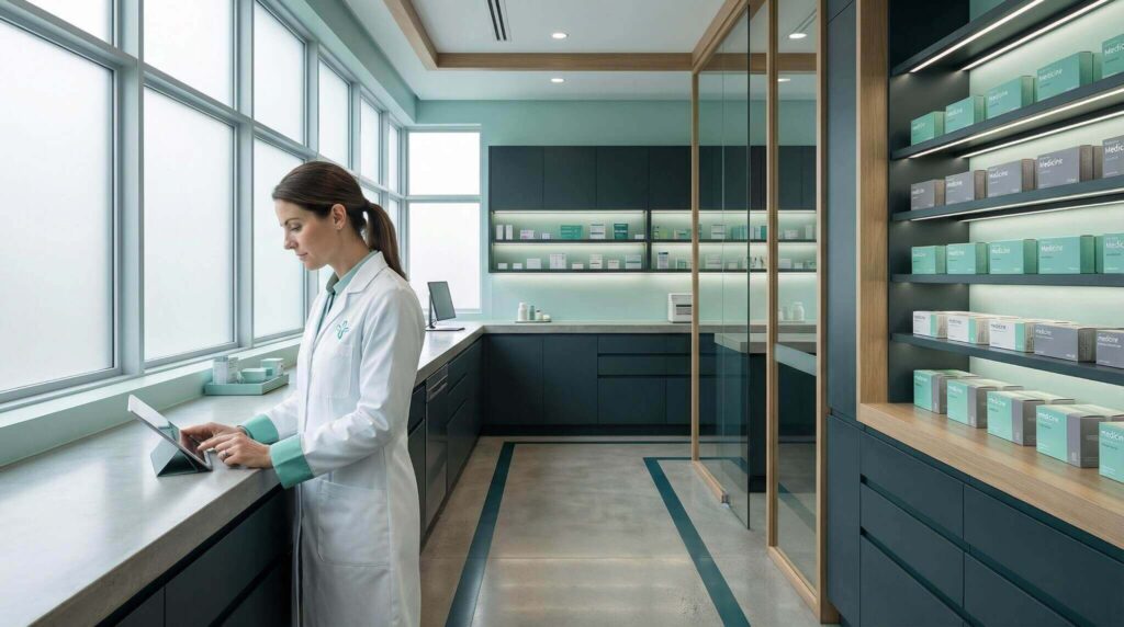 Farmacêutica em uma farmácia de alto custo.