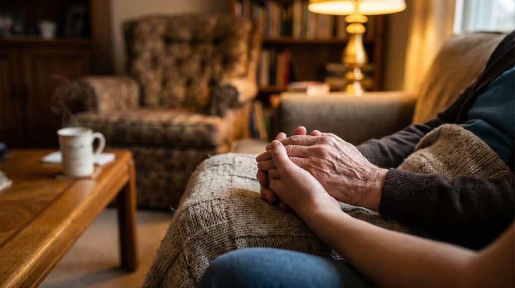 Close de duas pessoas de mãos dadas em um ambiente acolhedor, representando o apoio emocional e a rede de suporte necessária para lidar com a ansiedade.
