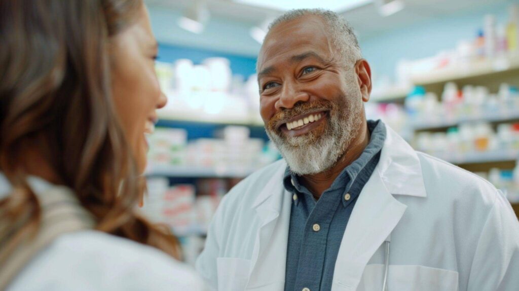 Um farmacêutico sênior sorridente, de jaleco branco, conversa com uma cliente em uma farmácia bem iluminada, simbolizando o sucesso e a conclusão no acesso a medicamentos de alto custo.